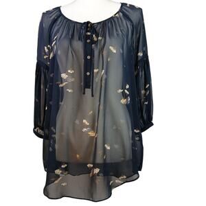 Club Monaco SZ XS 100% Silk Sheer Navy Blue Floral Blouse 4-Button Ties 00401299